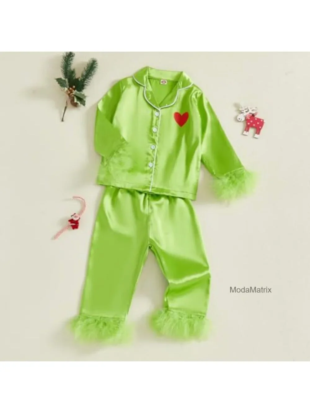 Toddler Girls Christmas Pajama Set Satin Silk Button Down Long Sleeve